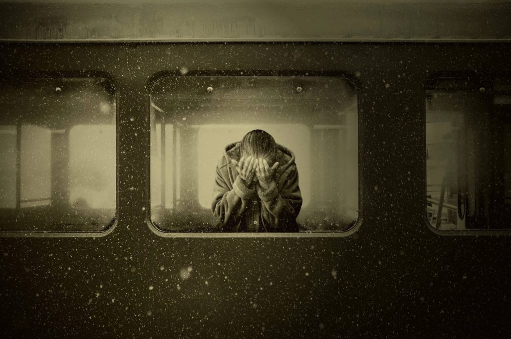 person grieving on a train